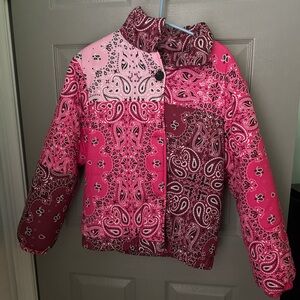Women’s Pink Paisley patch bandana print puffer Jacket
